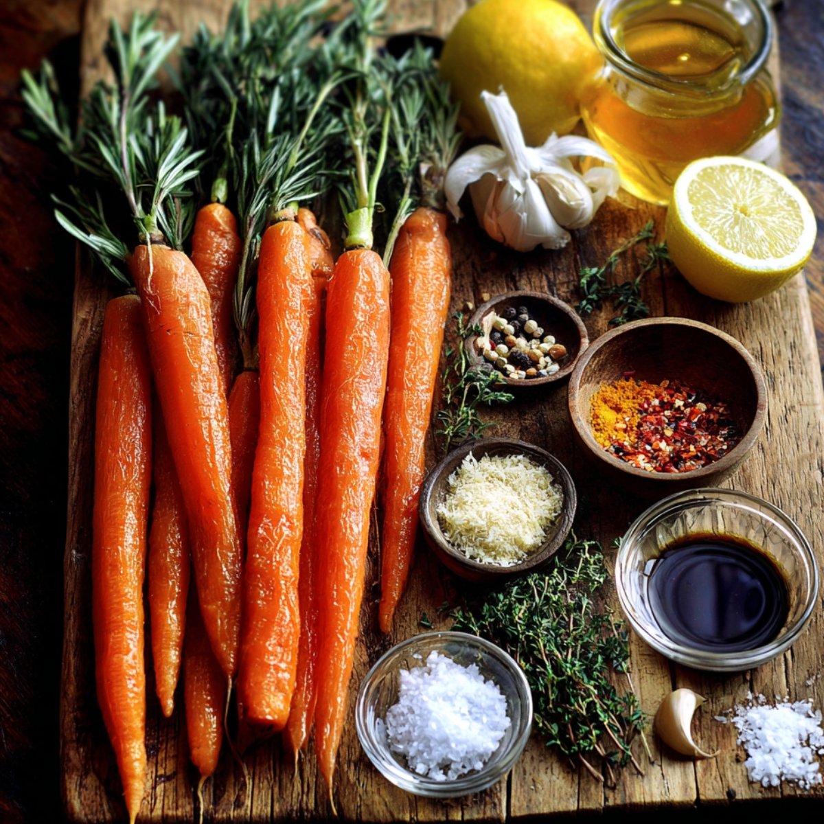 Fresh carrots with tops, garlic, lemons, parmesan, honey, spices, herbs, and seasoning arranged neatly on a rustic wooden board.