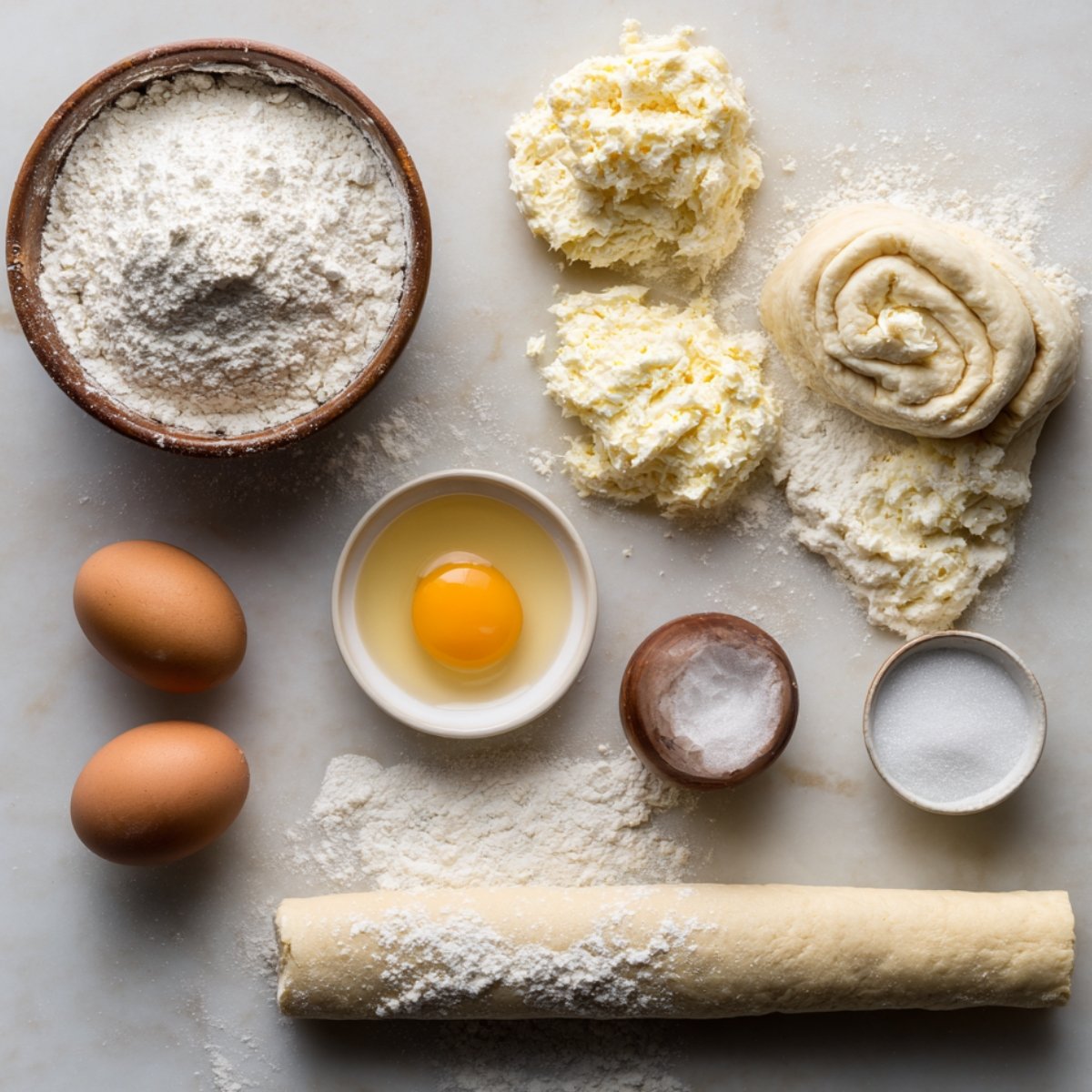 Baking ingredients on a marble surface: flour, butter, eggs, sugar, salt, and rolled dough.