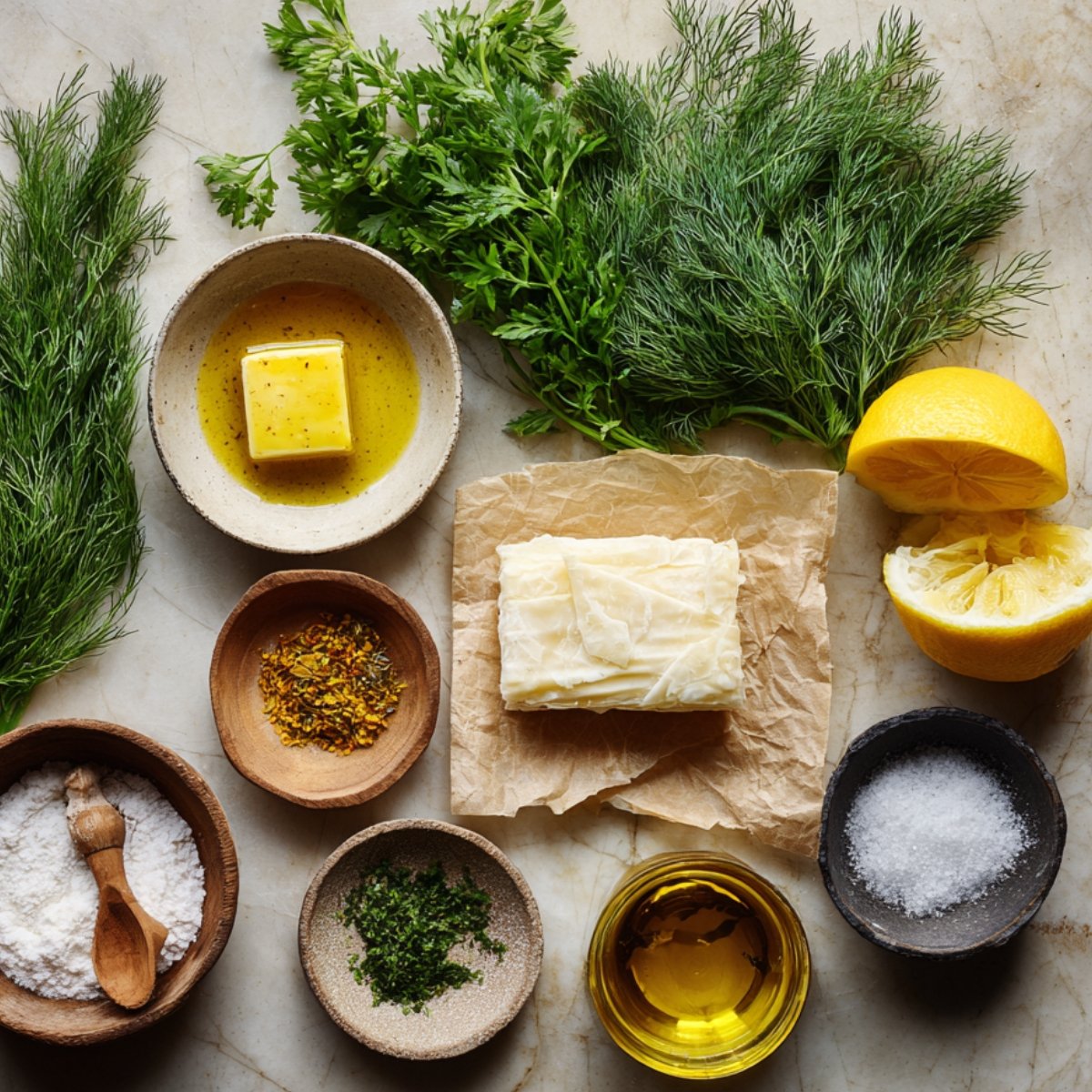 Arrangement of fresh spinach, eggs, onions, garlic, feta, ricotta, Parmesan, olive oil, and seasonings on a wooden surface.
