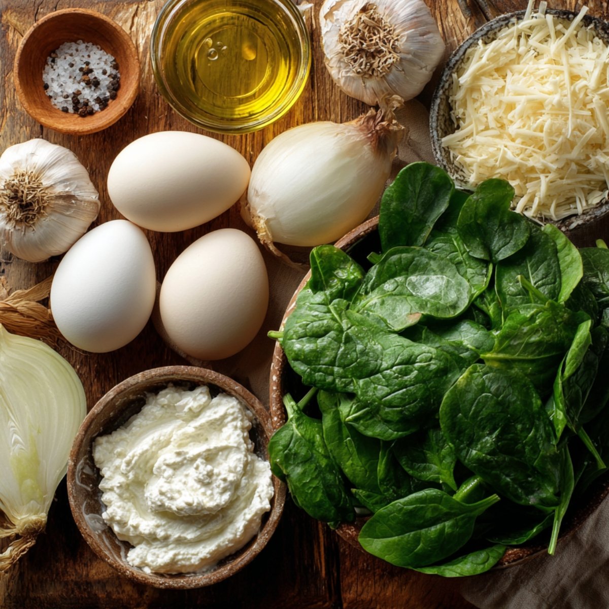 Assorted fresh herbs, lemon, butter, olive oil, and phyllo dough laid out on a table for spinach pie ingredients.
