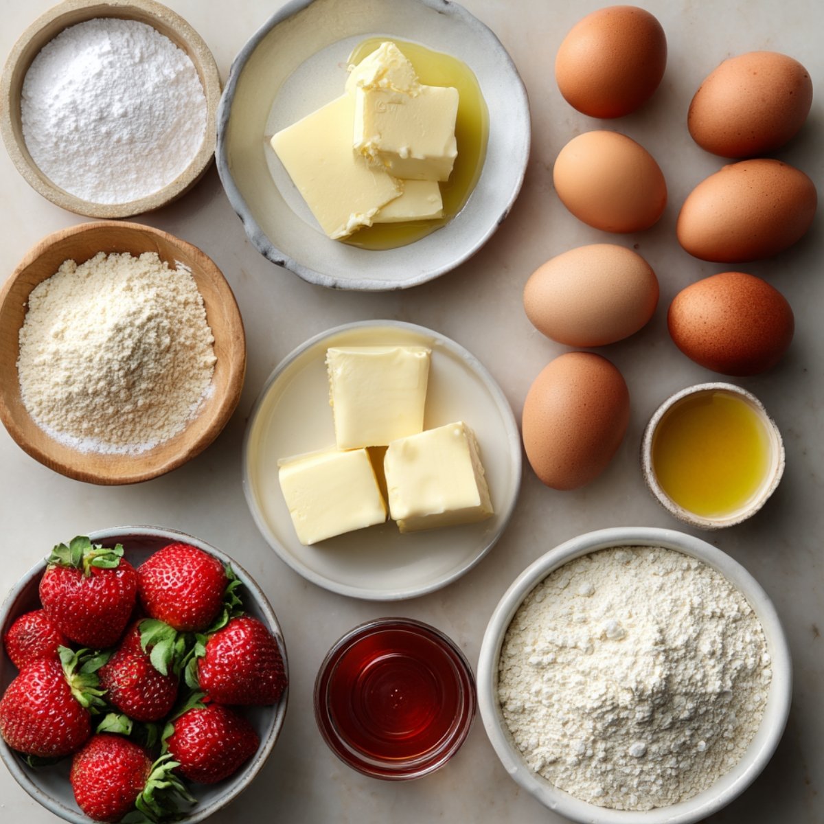 Flat lay of eggs, flour, butter, sugar, strawberries, and vanilla extract prepared for baking cinnamon rolls.