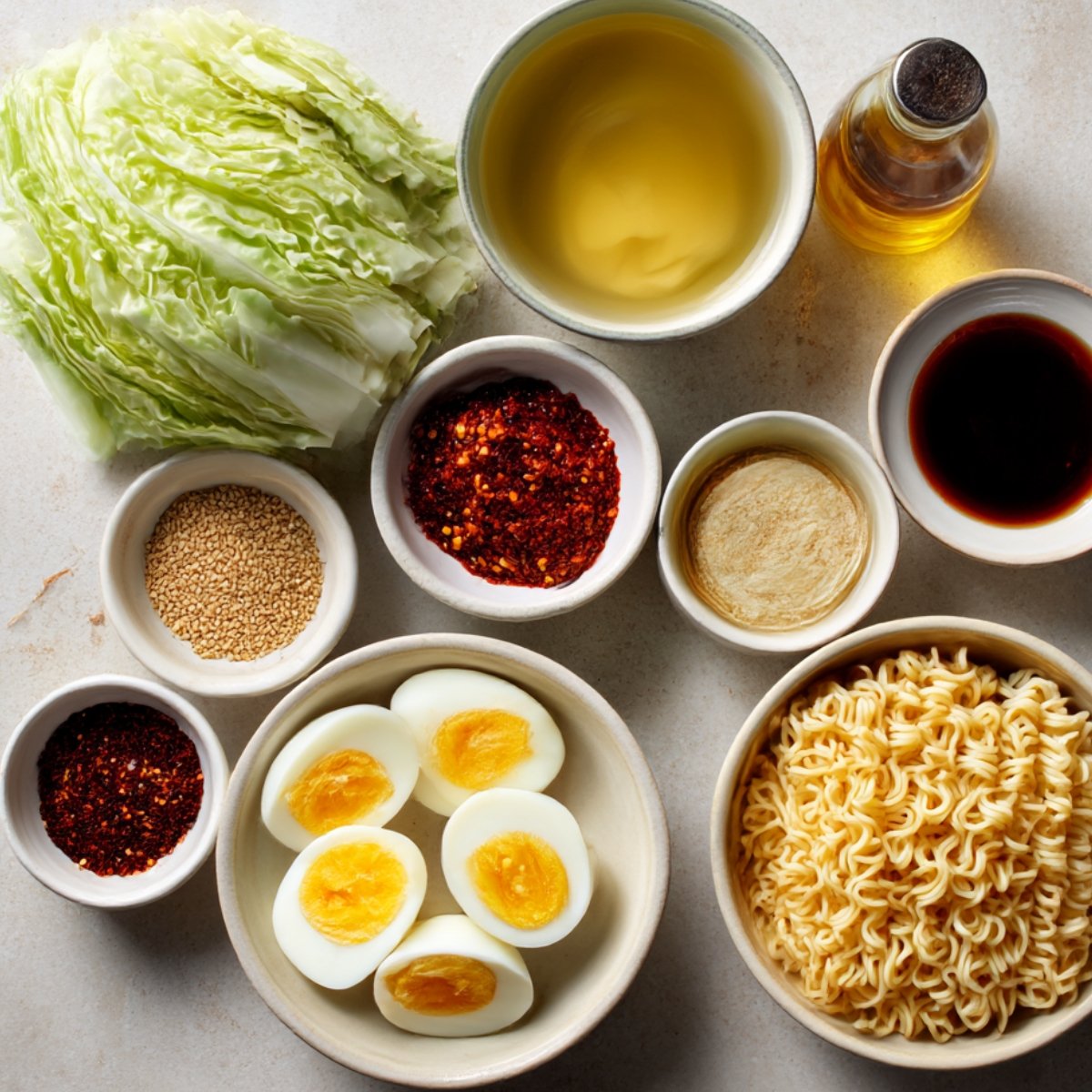 A collection of ingredients for a spicy noodle dish. It includes cabbage, boiled eggs, ramen noodles, chili powder, sesame seeds, soy sauce, and cooking oil, all organized in small bowls, with a light and neat presentation.