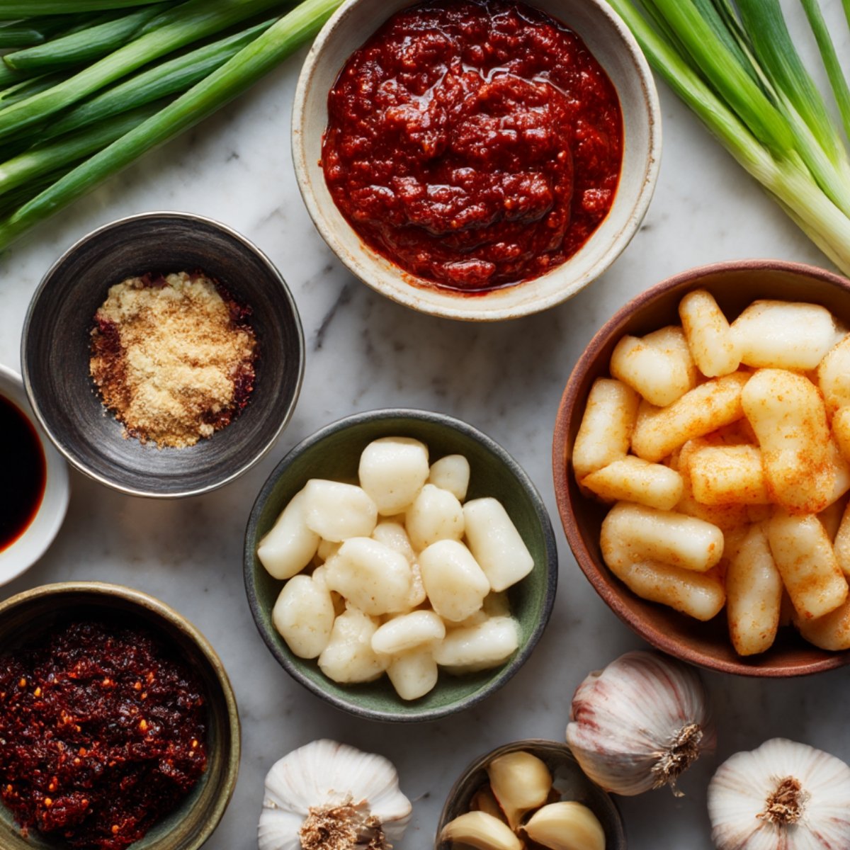 A variety of ingredients for making Tteokbokki: green onions, garlic, gochujang (Korean chili paste), soy sauce, and rice cakes. The ingredients are laid out neatly on a surface, ready to be used for cooking the dish.