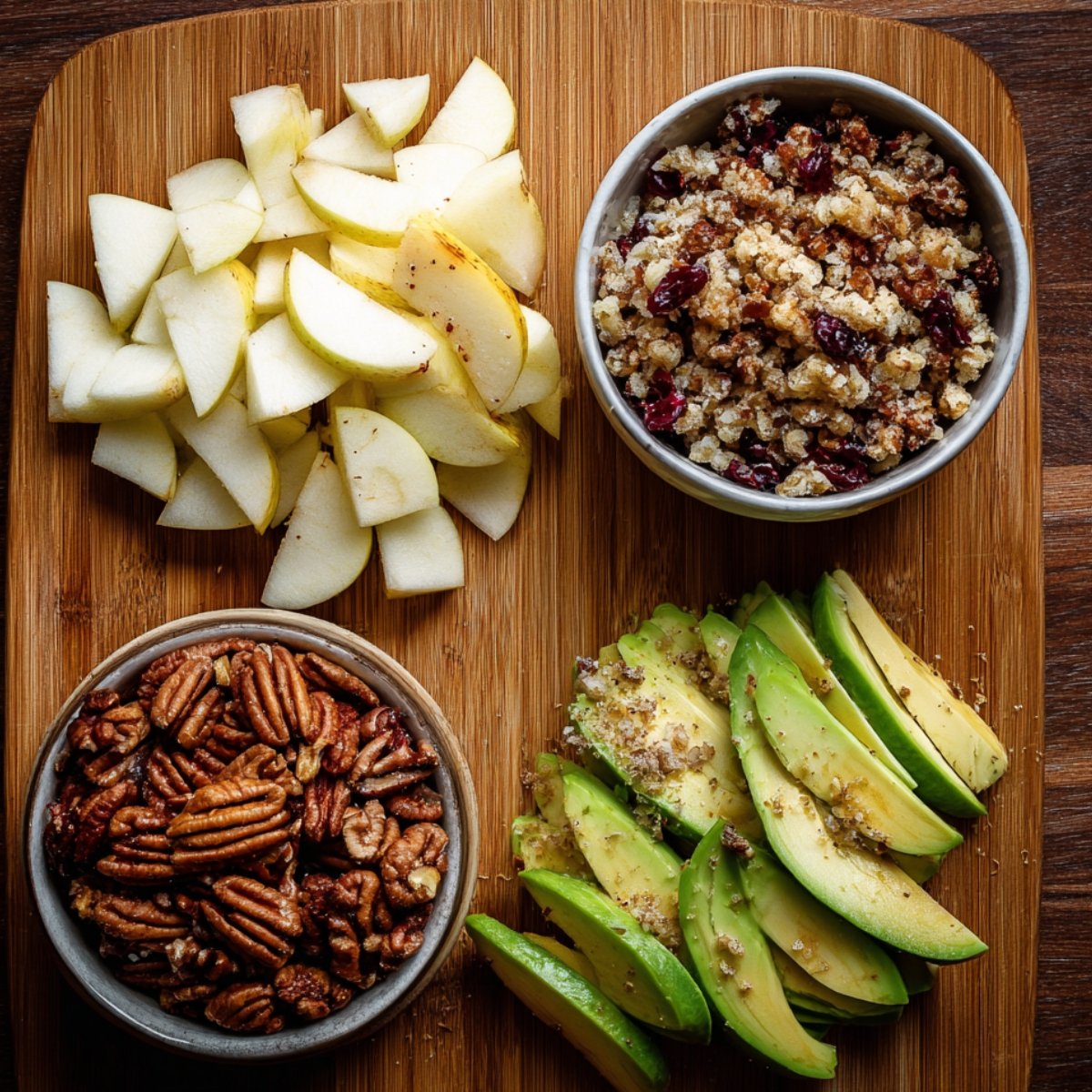 A wooden board with sliced pears, pecans, avocado wedges, and a bowl of cranberry-studded stuffing mix.
