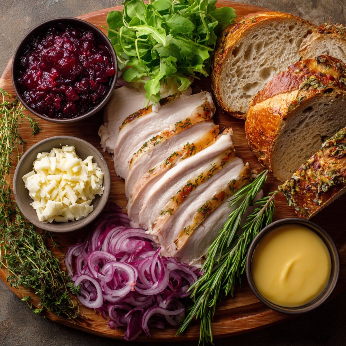 A board with slices of roasted turkey, crusty bread, cranberry sauce, shredded cheese, onions, greens, and herbs, ready for assembling sandwiches.