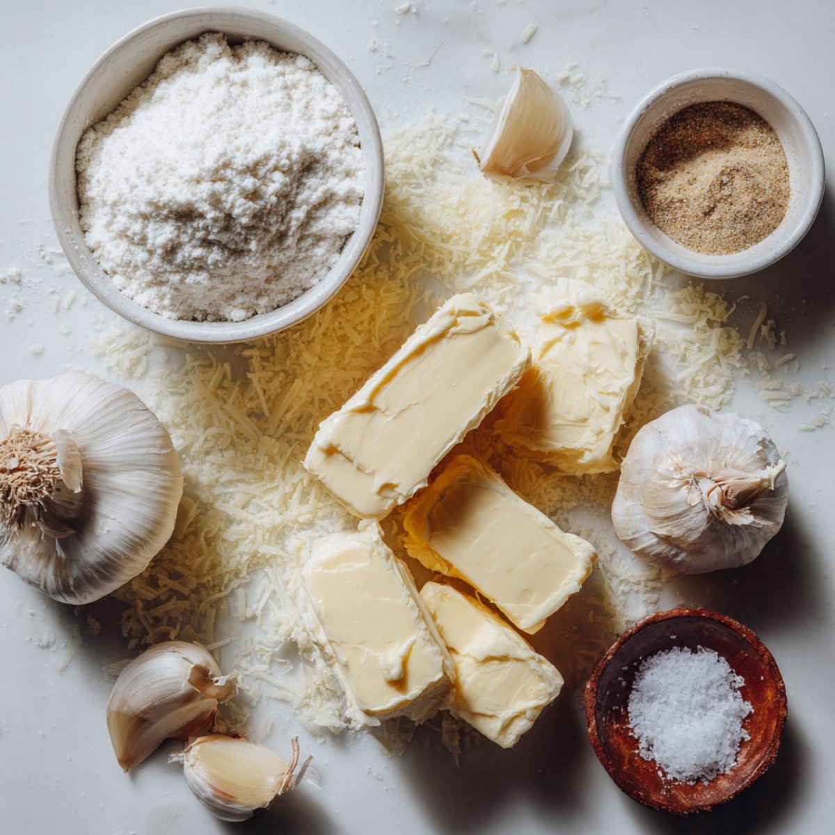 Ingredients for Alfredo sauce arranged on a counter: garlic bulbs, butter sticks, a bowl of flour, grated Parmesan cheese, and a small dish of salt.