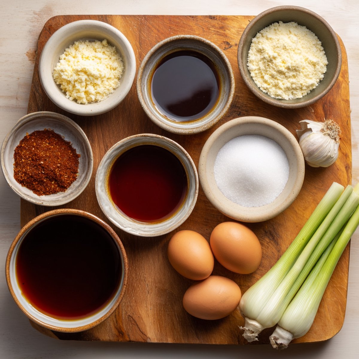 “Small bowls with soy sauce, garlic, sugar, spices, and scallions arranged for stir fry sauce preparation.”