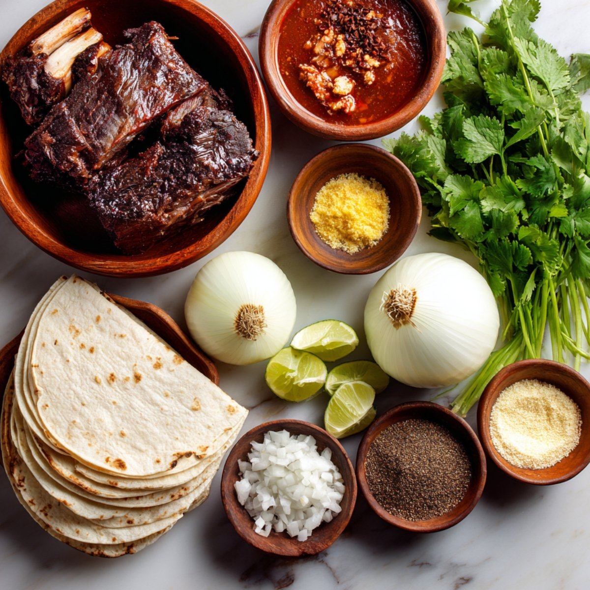 "Flat lay of birria taco ingredients: cooked beef short ribs, dried chili sauce, chopped onions, garlic powder, black pepper, tortillas, fresh cilantro, limes, and white onions on a marble surface."