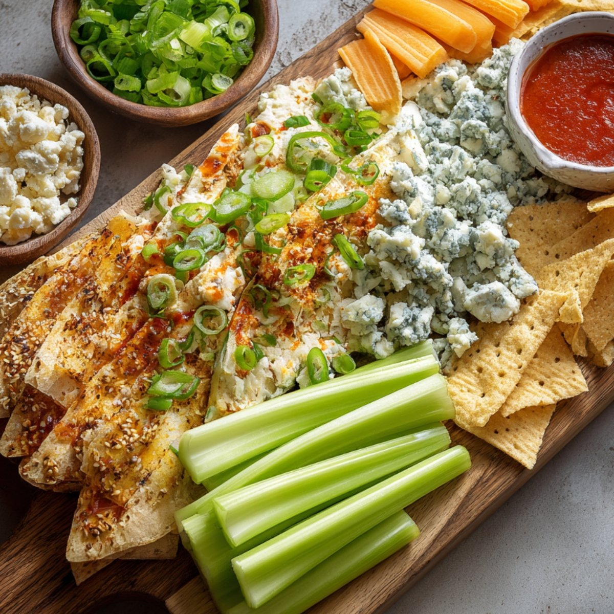 An assortment of ingredients for buffalo chicken dip on a marble counter, including shredded cheese, sour cream, cottage cheese, shredded chicken, black pepper, and chili powder.