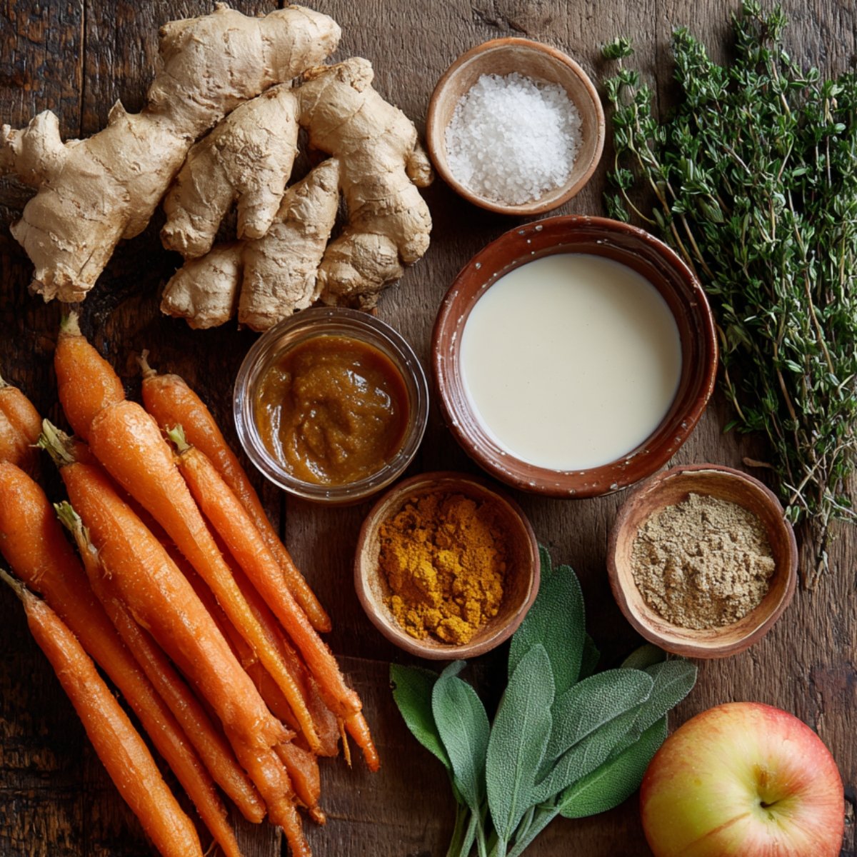 A rustic wooden table with fresh soup ingredients: carrots, ginger, thyme, sage, apple, turmeric, salt, cream, and spices.