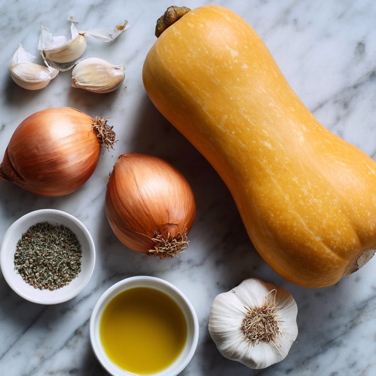 A whole butternut squash with onions, garlic cloves, olive oil, and dried herbs arranged on a marble surface.
