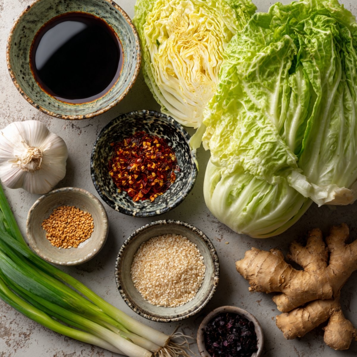 Various ingredients for an Asian cabbage recipe, including soy sauce, chili flakes, garlic, sesame seeds, and ginger, along with fresh cabbage heads.