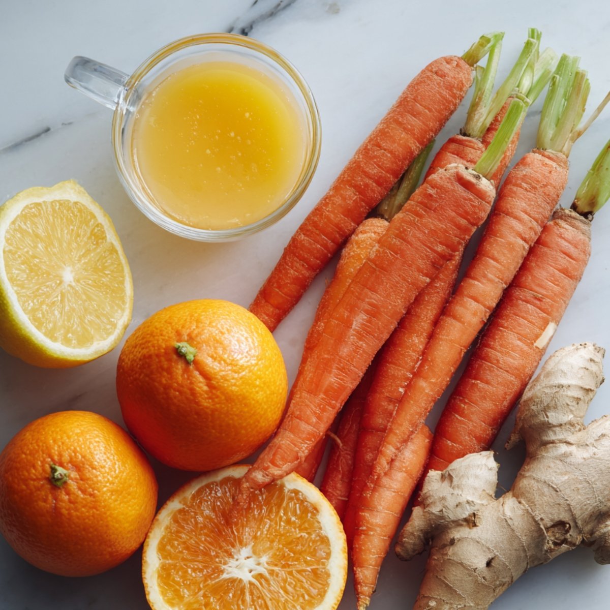Whole carrots, halved lemon, oranges, ginger root, and a cup of freshly squeezed orange juice displayed together.