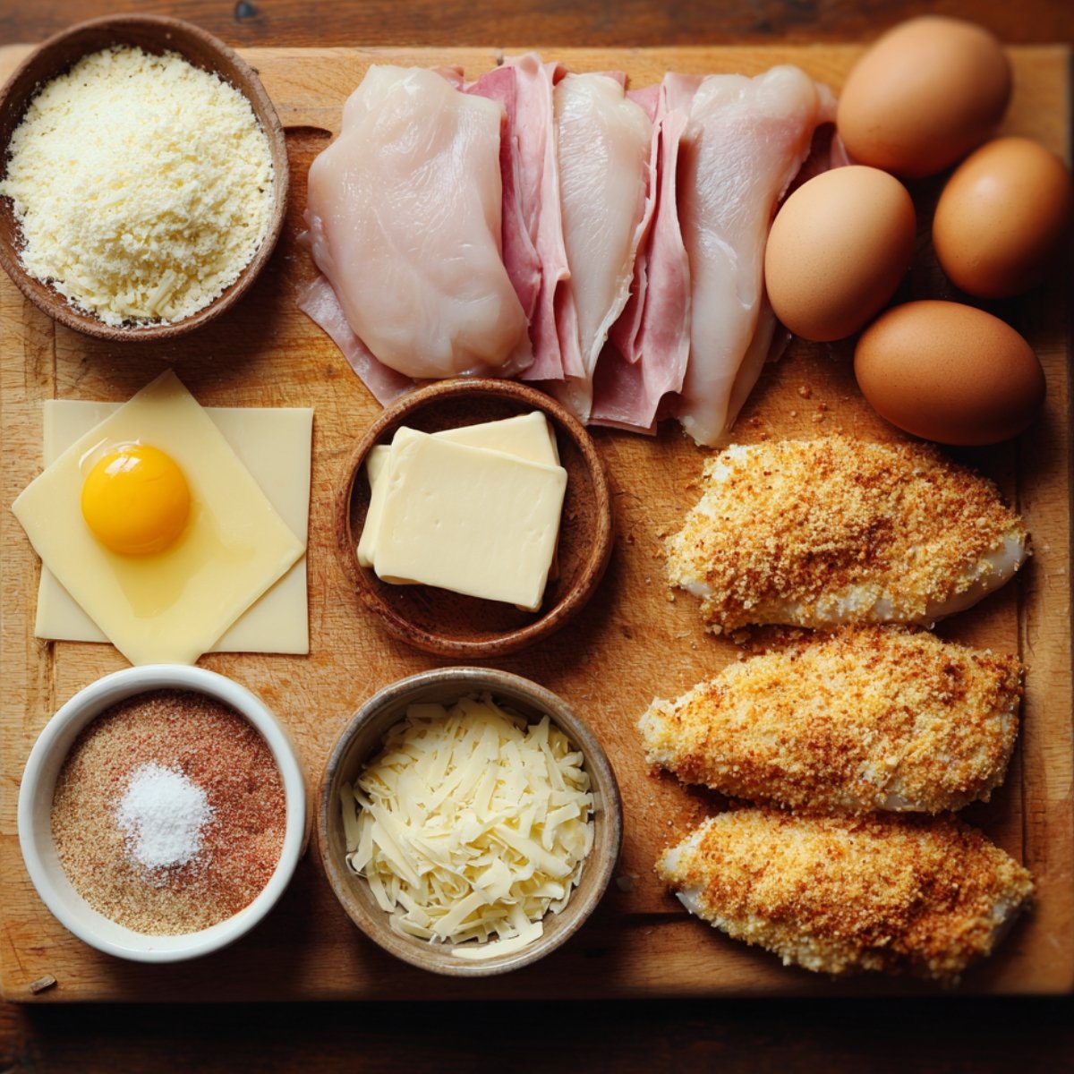 Chicken cordon bleu prep board with sliced chicken, ham, cheese, eggs, breadcrumbs, and grated cheese ready for assembly.