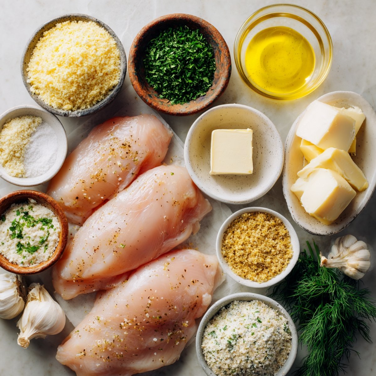 Ingredients for chicken Kiev laid out on a marble surface, including raw chicken breasts, butter, breadcrumbs, garlic, fresh herbs, grated cheese, and olive oil.