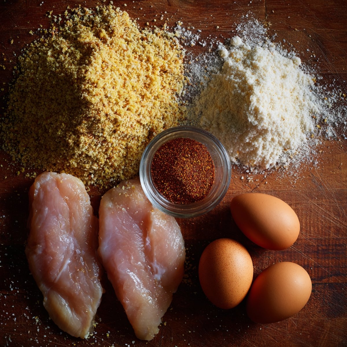 Ingredients for chicken nuggets arranged on a wooden cutting board, including raw chicken breasts, eggs, flour, breadcrumbs, and a small bowl of red seasoning.
