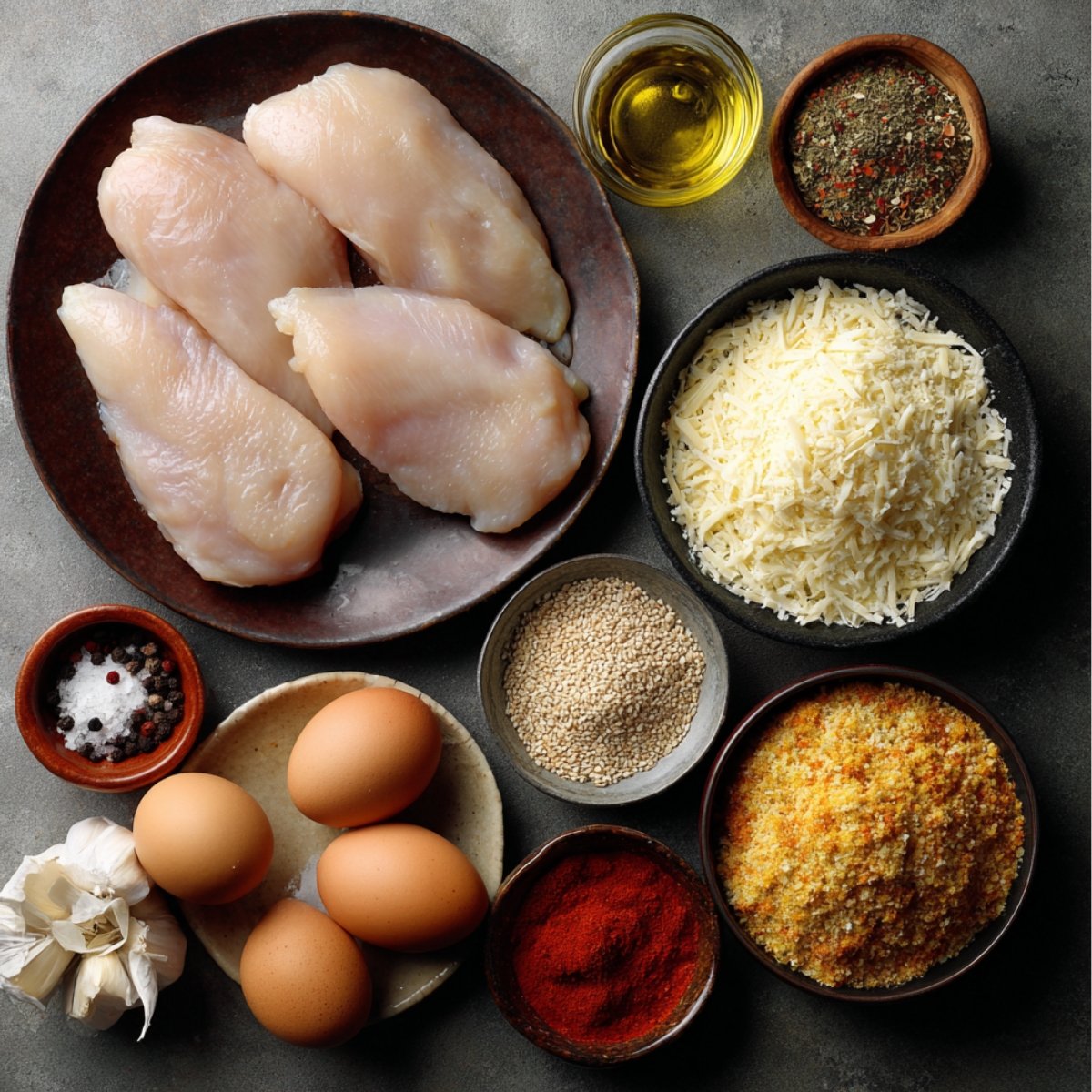 Flat lay of ingredients for homemade chicken nuggets on a dark countertop: raw chicken breasts, eggs, shredded cheese, breadcrumbs, spices, olive oil, garlic, and sesame seeds.