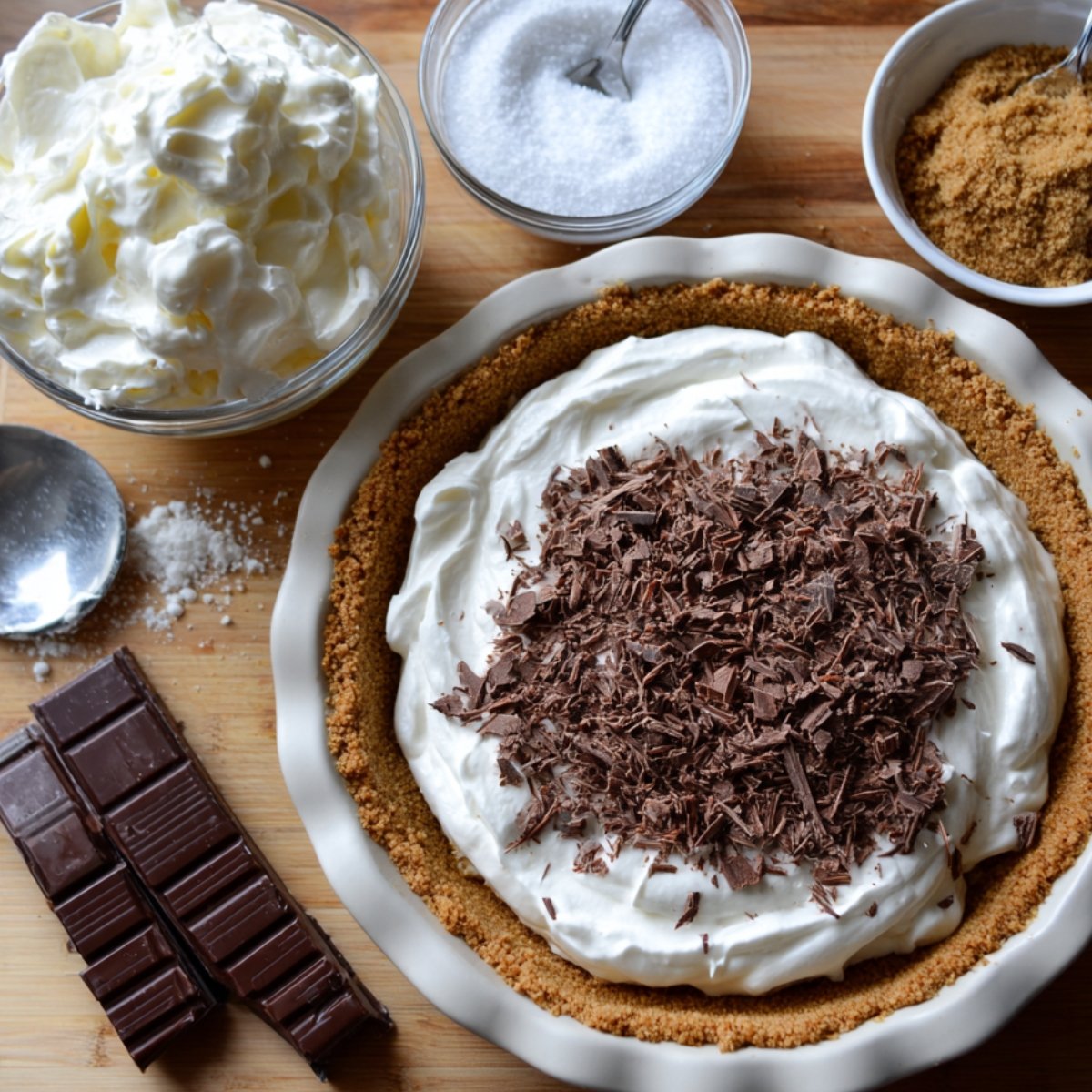 A finished chocolate pie with whipped cream topping, sprinkled with chocolate shavings, surrounded by sugar, cream, and chocolate bars.