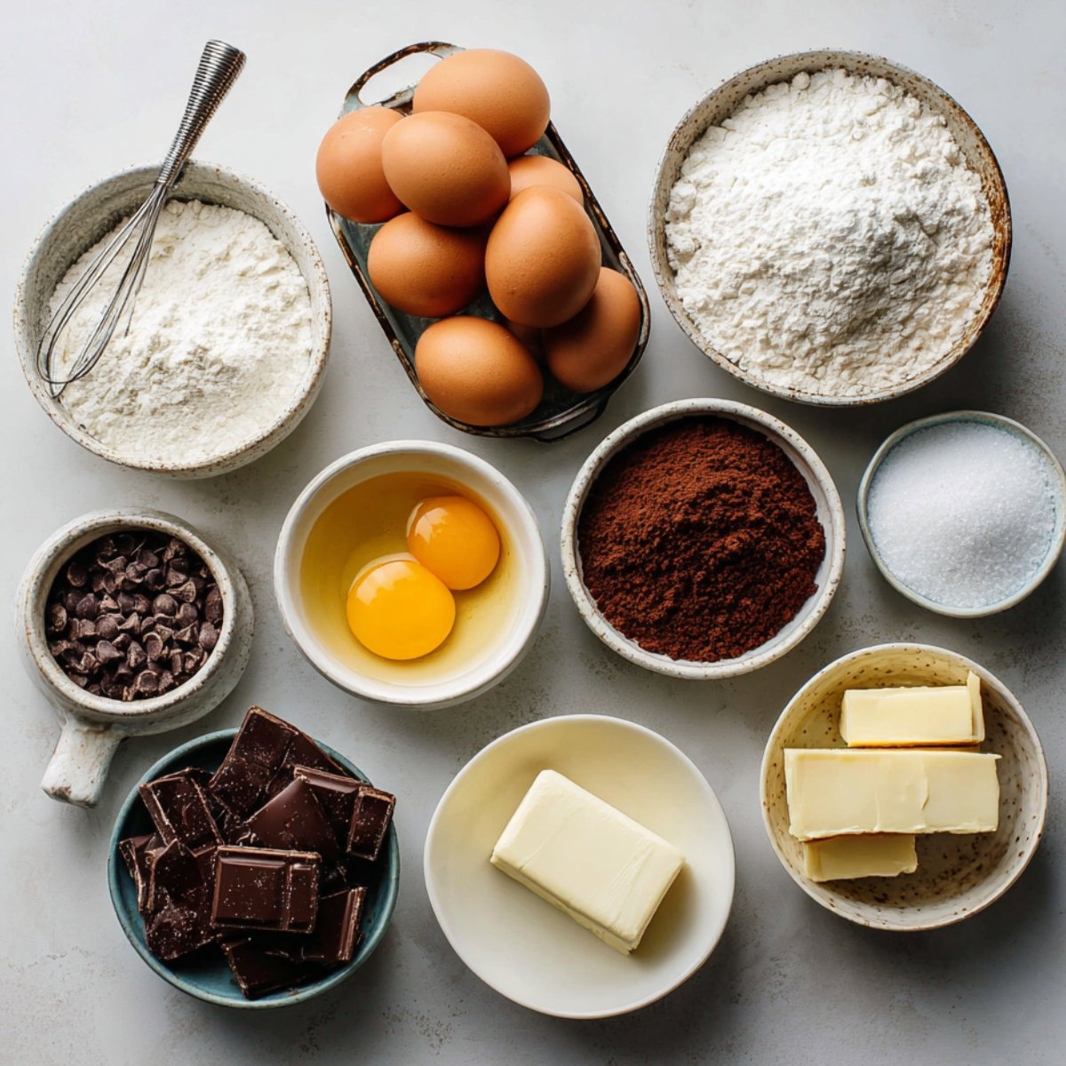 Overhead flat lay of baking essentials: eggs, butter, chocolate, cocoa, sugar, flour, and chocolate chips for making pie.