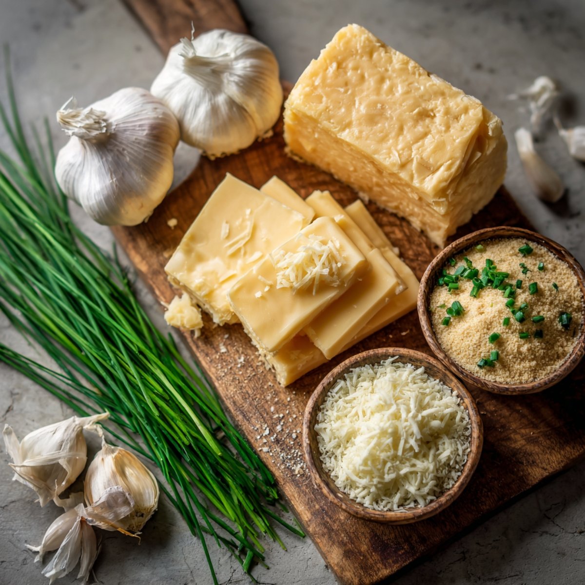 "Wooden board with various ingredients including garlic cloves, chives, Parmesan cheese, sliced cheddar, and breadcrumbs."