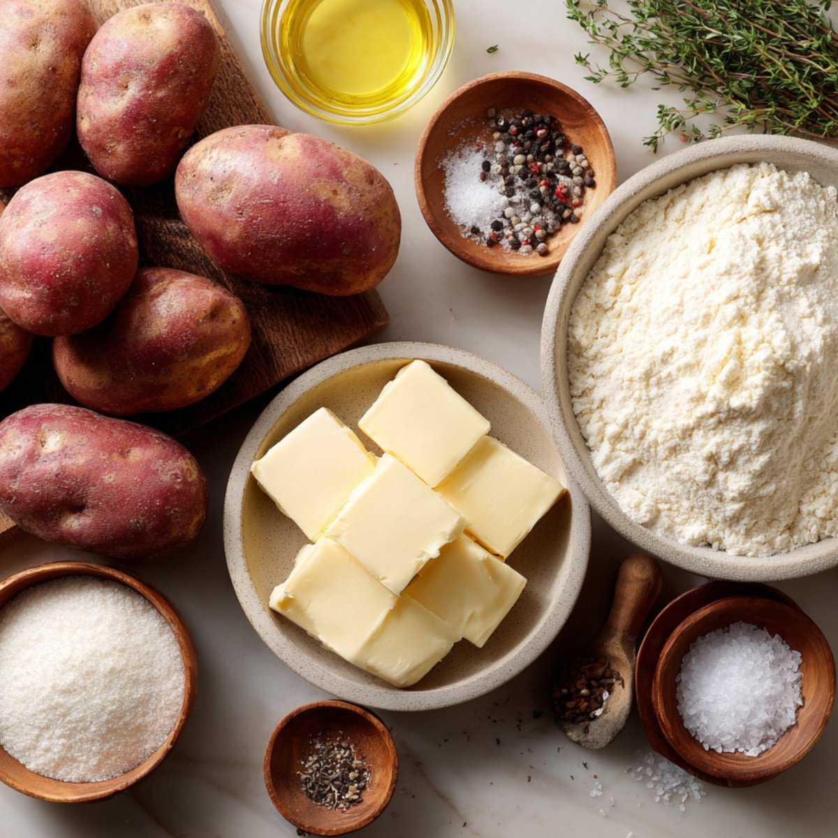 "Rustic kitchen setup featuring raw red potatoes, butter cubes, flour, olive oil, salt, pepper, and fresh thyme—ingredients for creamy potatoes."