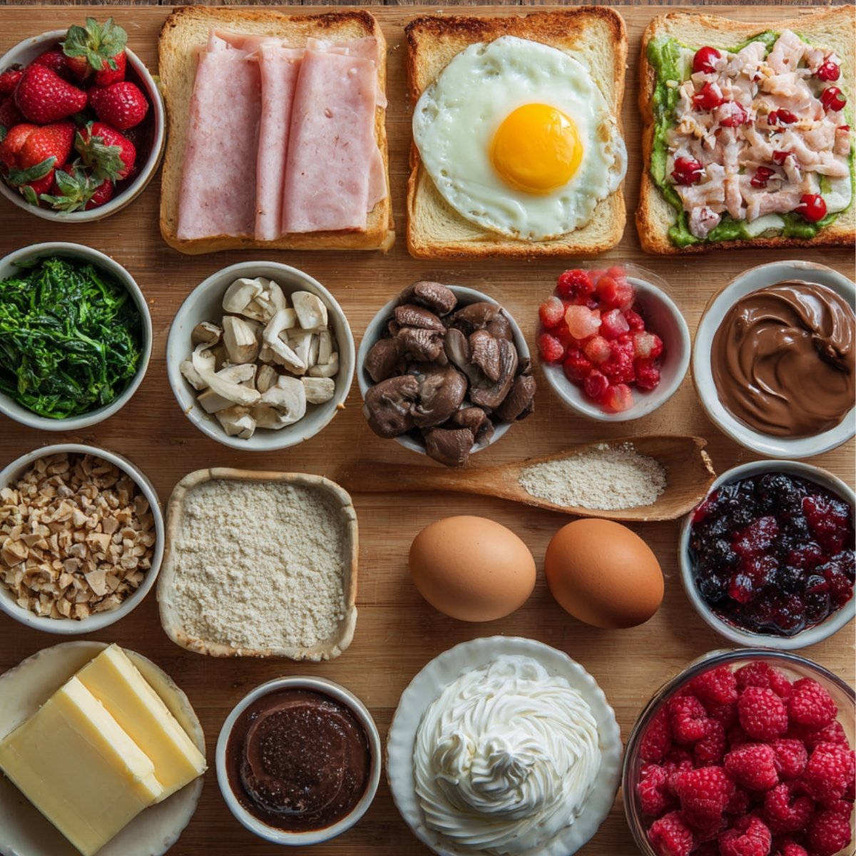 "Assorted crepe toppings including strawberries, ham, fried egg, mushrooms, spinach, chocolate spread, nuts, and whipped cream laid out on a wooden board."