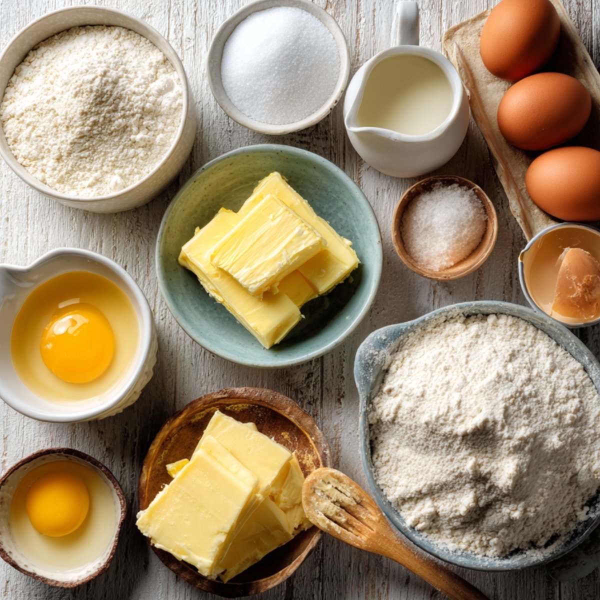 "Baking ingredients for crepes including flour, eggs, butter, milk, sugar, and salt arranged on a wooden table."