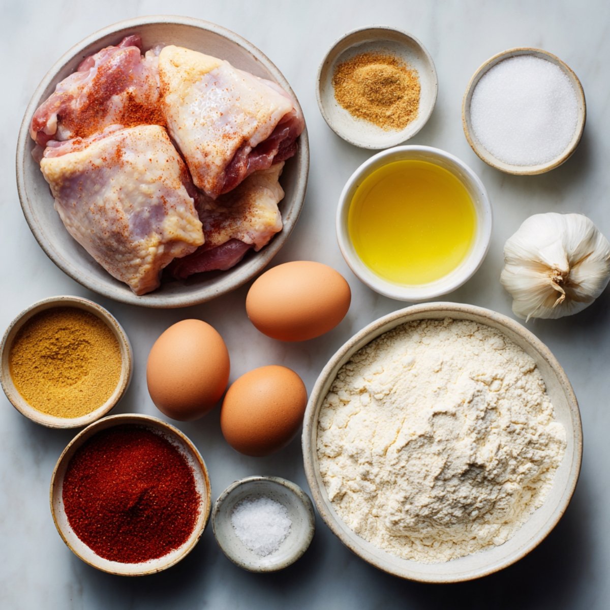 "Raw chicken thighs and eggs with dry ingredients like flour, salt, garlic, paprika, and oil, laid out for preparing crispy fried chicken."