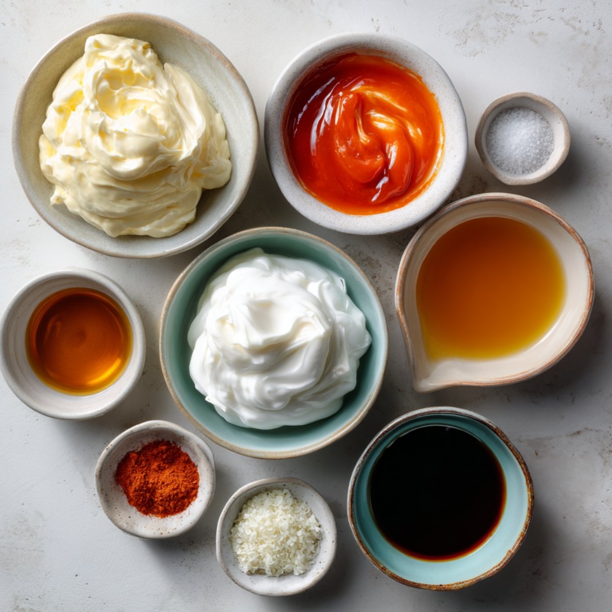 "Various sauce ingredients in small bowls including mayonnaise, sweet chili sauce, soy sauce, vinegar, honey, spices, and yogurt or sour cream for making bang bang sauce."