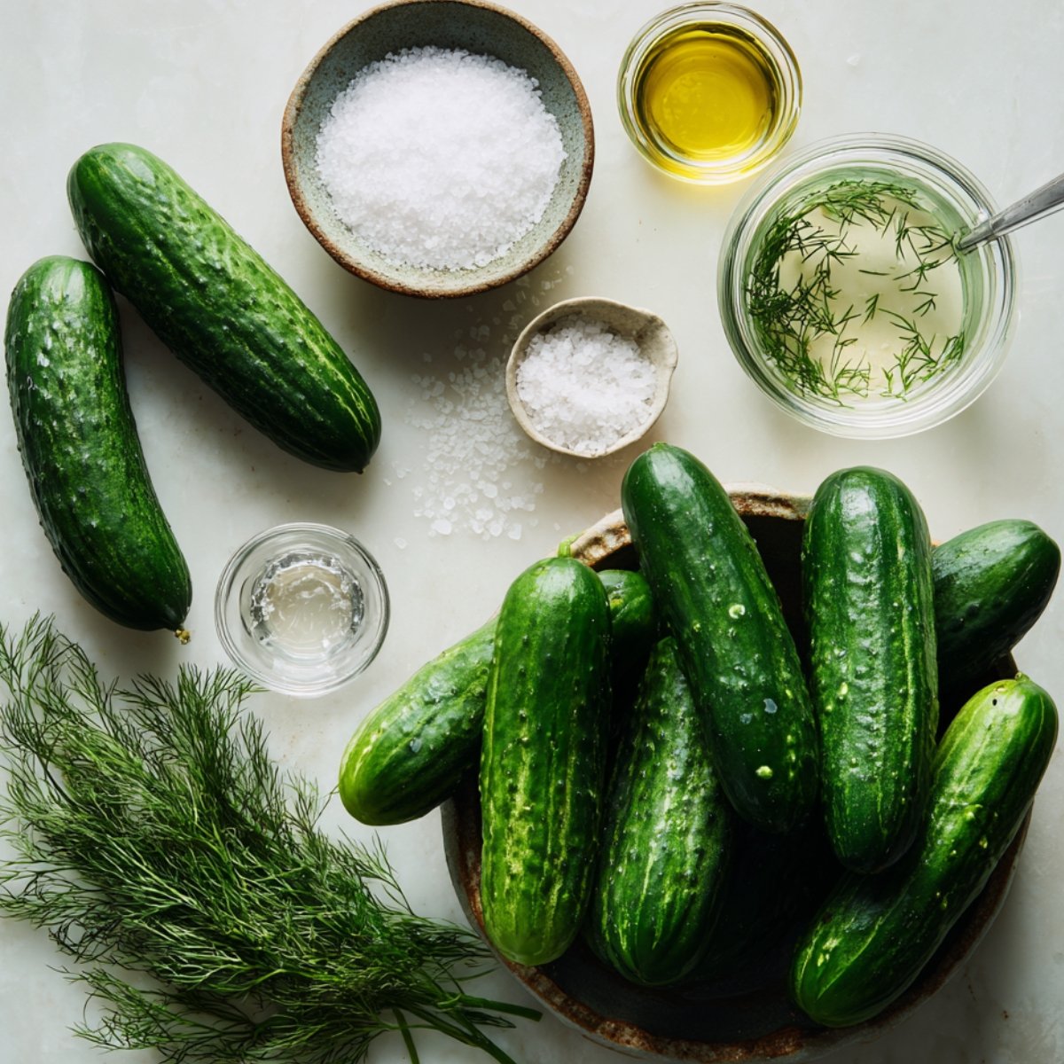 Fresh cucumbers, dill, sea salt, olive oil, vinegar, and a jar of dill dressing displayed together on a light surface.