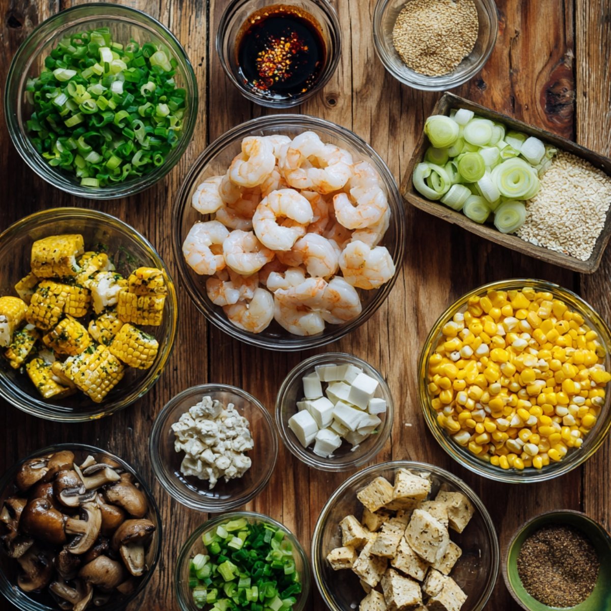 Assorted fresh ingredients in bowls for egg drop soup including shrimp, corn, mushrooms, tofu, scallions, and soy sauce.