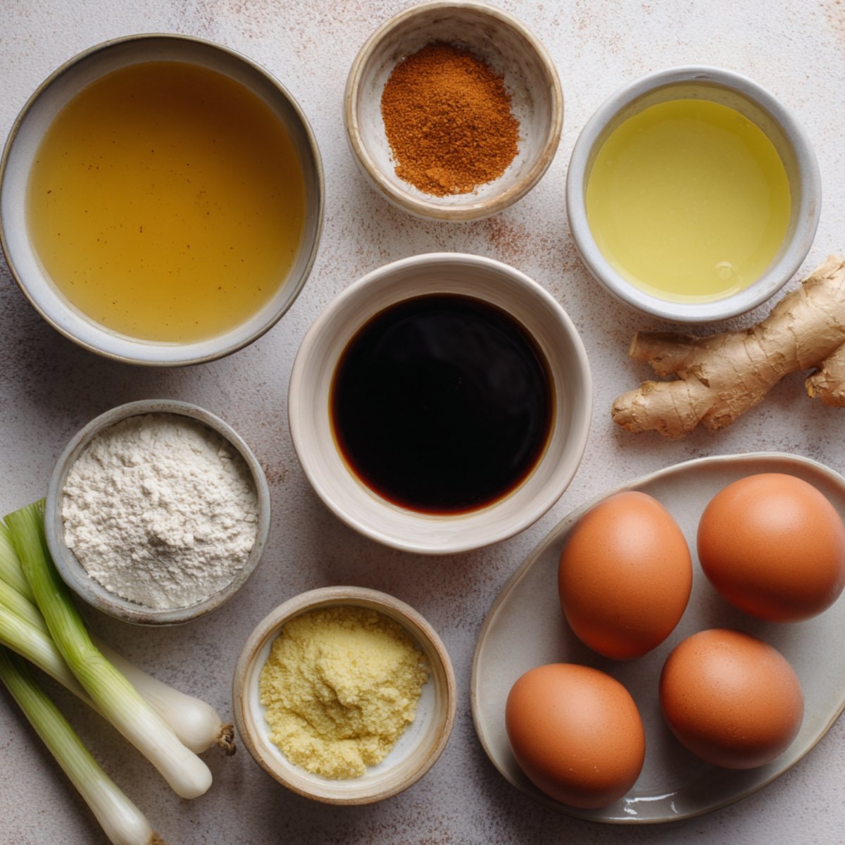 A flat lay of egg drop soup ingredients: eggs, soy sauce, ginger, chicken broth, cornstarch, and seasonings.