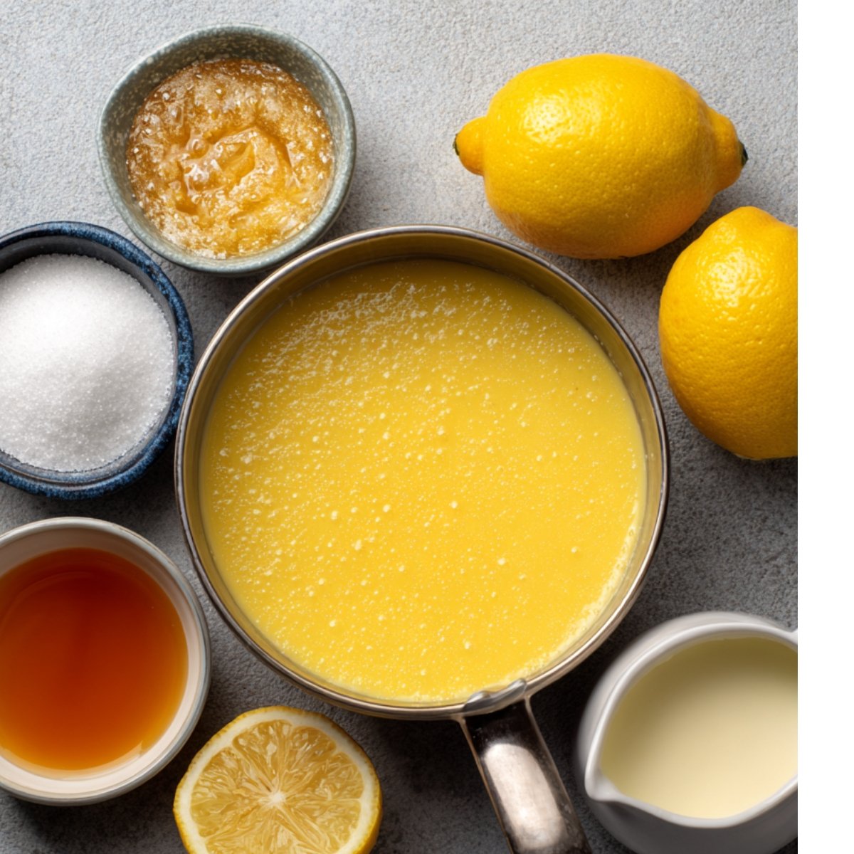 Ingredients for flan laid out on a countertop, including lemons, sugar, vanilla extract, milk, and a bowl of prepared custard. The setup suggests preparation for a citrus-flavored flan.