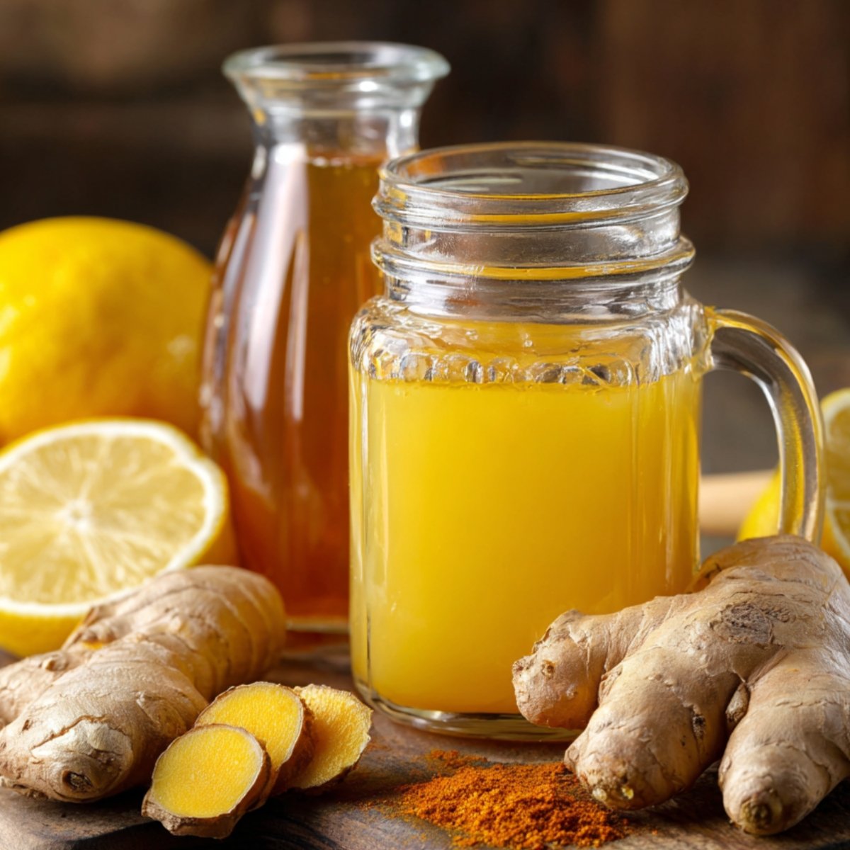 “Glass jars of honey and ginger juice surrounded by fresh ginger root, turmeric powder, and halved lemons on a wooden surface.”