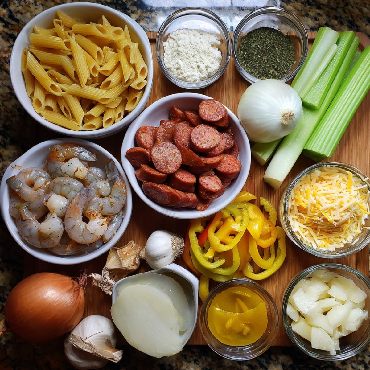 An assortment of ingredients for jambalaya, including shrimp, sausage, penne pasta, garlic, onion, celery, yellow bell pepper, cheese, and various spices neatly arranged in small bowls.