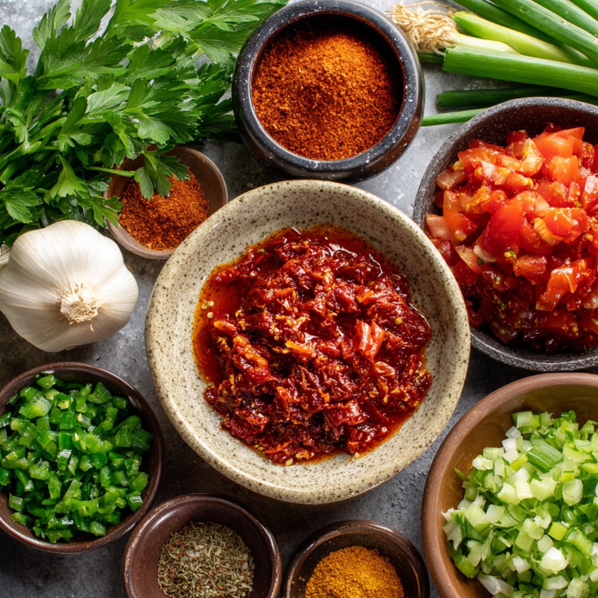 A collection of fresh ingredients and spices for jambalaya, including parsley, garlic, chopped green bell pepper, tomatoes, dried herbs, and chili powder, arranged in small bowls.