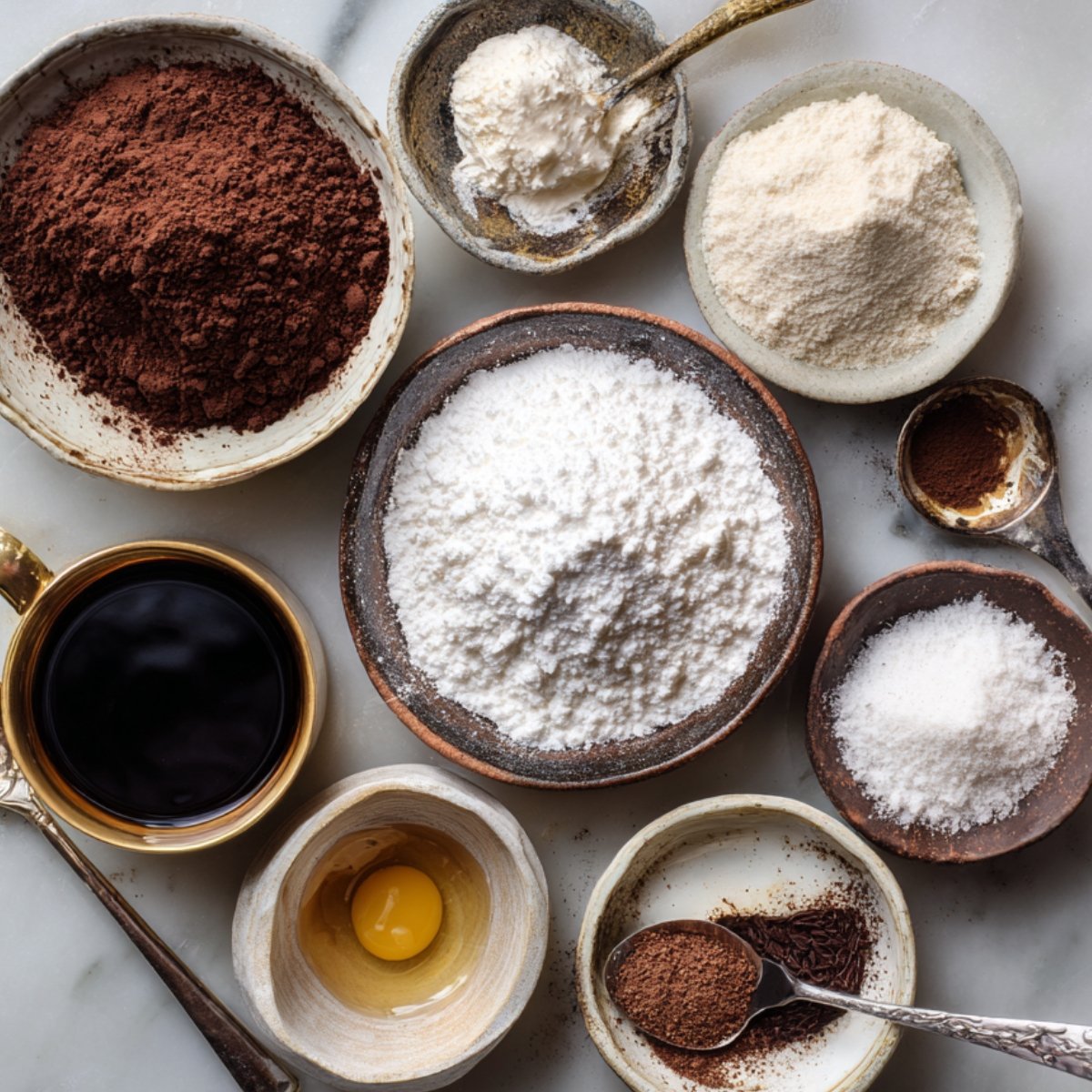 "Various ingredients for chocolate lava cake including cocoa powder, flour, powdered sugar, egg, coffee, and chocolate on a marble countertop."
