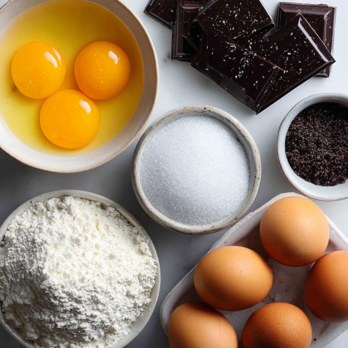 "Close-up of baking ingredients for lava cake: eggs, sugar, dark chocolate, flour, and cocoa powder arranged neatly in bowls."