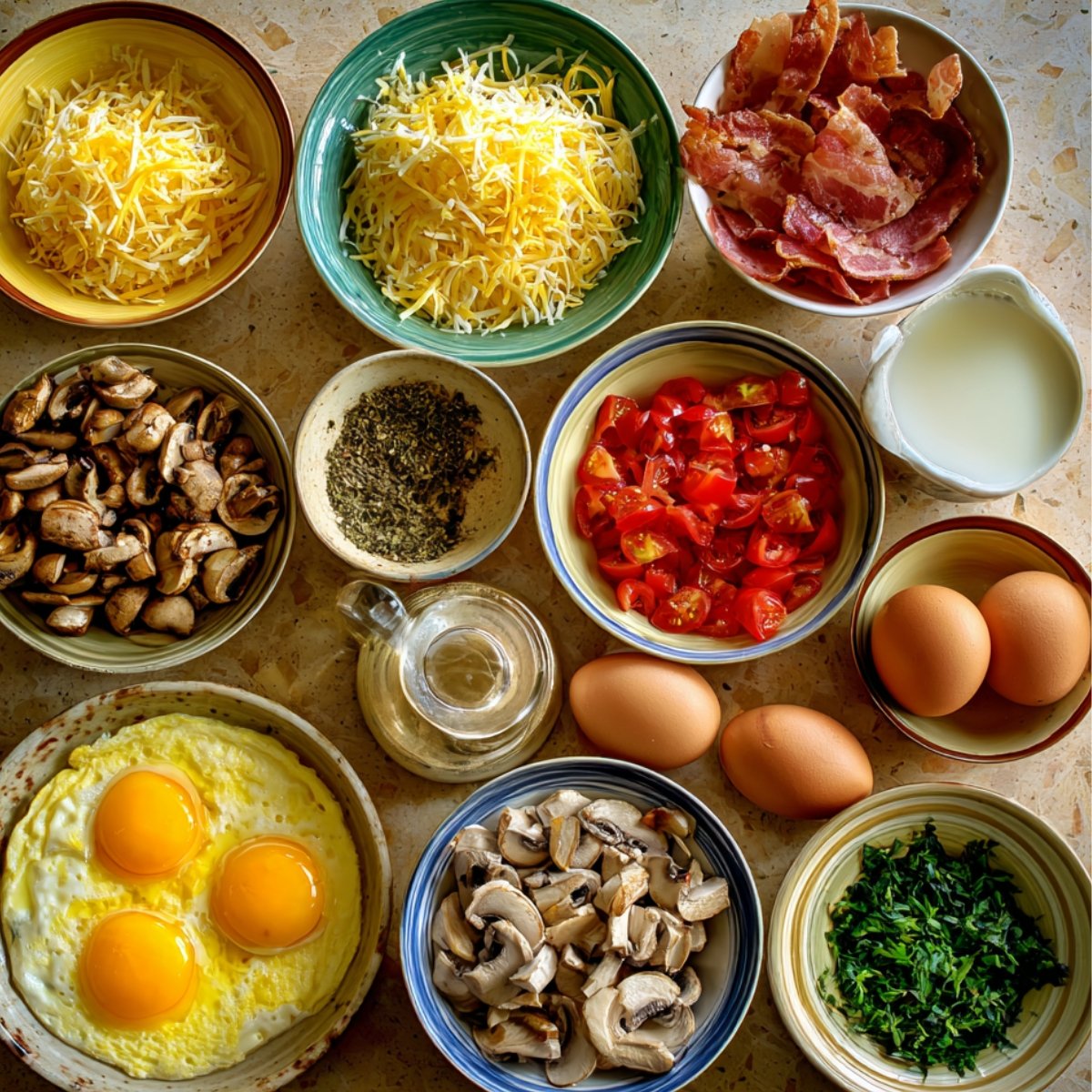 Flat lay of omelette ingredients including eggs, cheese, bacon, tomatoes, mushrooms, herbs, and milk.