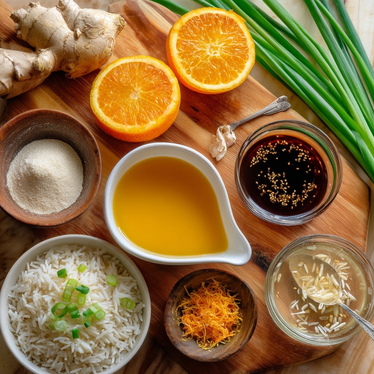 A wooden board with ingredients for orange chicken: fresh ginger, halved orange, green onions, soy sauce, orange juice, sugar, zest, vinegar, and rice.