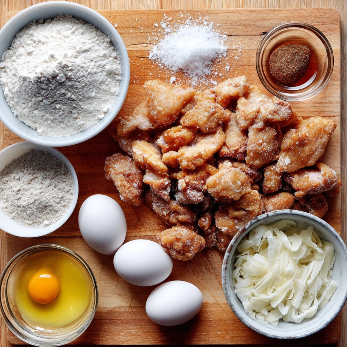 Ingredients for coating chicken: flour, eggs, salt, pepper, shredded cheese, and pieces of raw chicken ready to be breaded.
