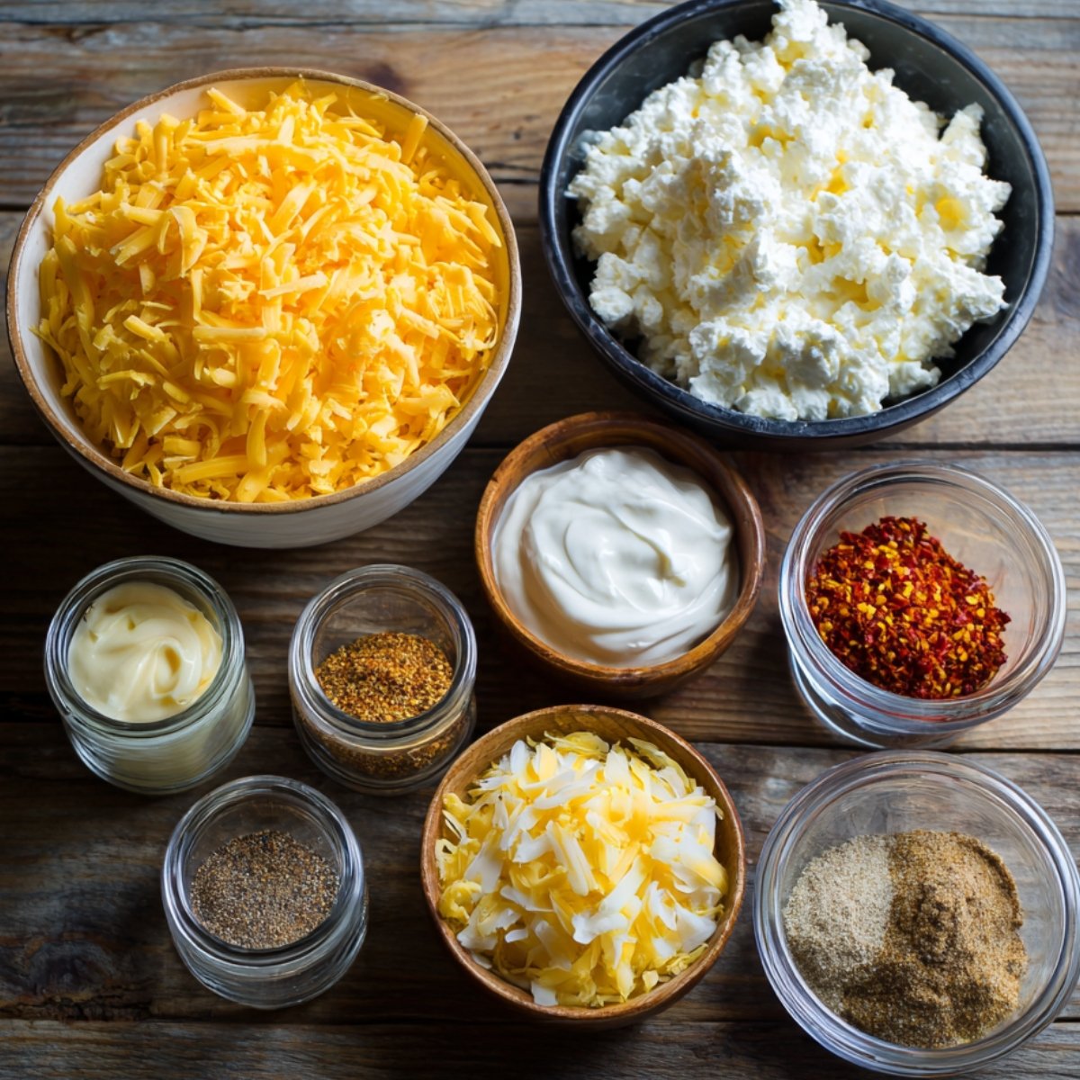 An assortment of ingredients for pimento cheese including shredded cheddar, cottage cheese, mayonnaise, sour cream, spices, and chopped red pimentos arranged in small bowls on a wooden surface.