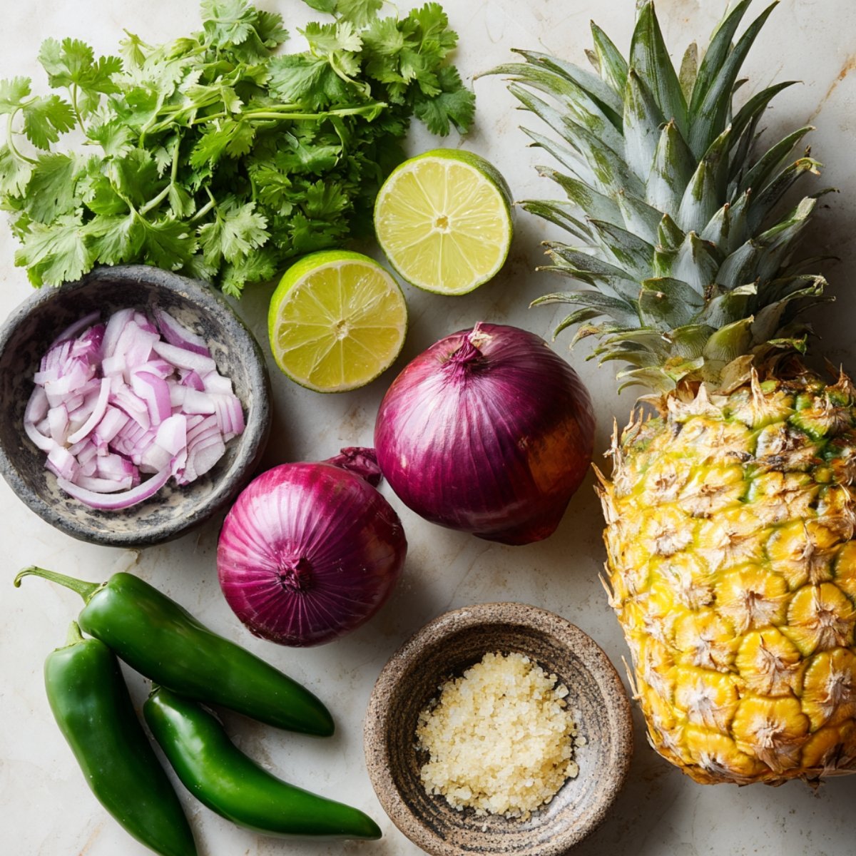 A whole pineapple, halved limes, red onions, fresh cilantro, jalapeños, chopped red onion in a small bowl, and coarse salt in a stone bowl arranged on a light surface.