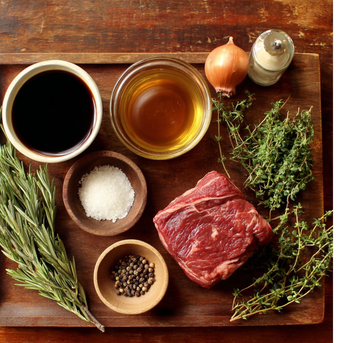 "Pot roast ingredients displayed on wooden board: raw chuck roast, fresh rosemary, thyme, onion, garlic, soy sauce, broth, salt, and pepper."