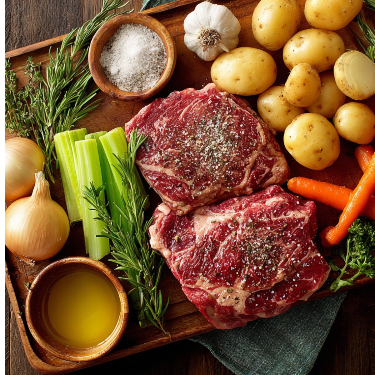 "Raw chuck roast with potatoes, carrots, celery, onions, garlic, fresh herbs, and olive oil arranged for pot roast preparation."