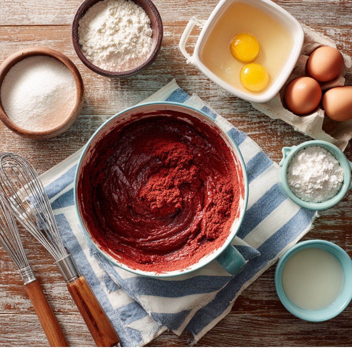 Red velvet cake batter in a mixing bowl with ingredients like flour, eggs, sugar, and milk placed around it.