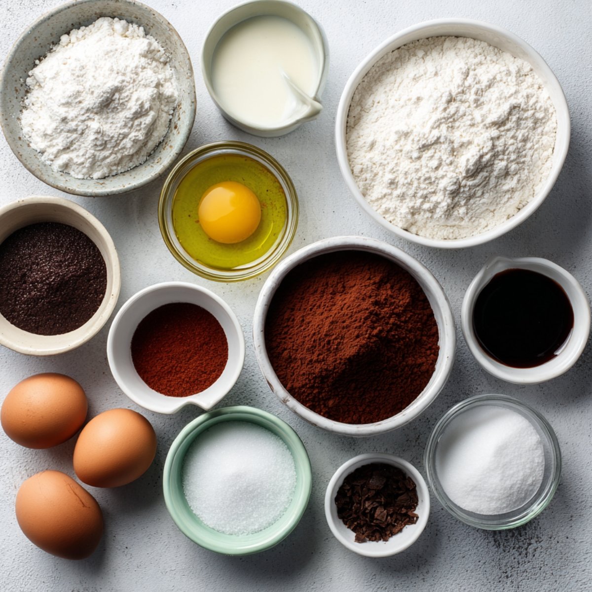 Flat lay of baking ingredients for red velvet cake including eggs, flour, cocoa powder, sugar, and vanilla.