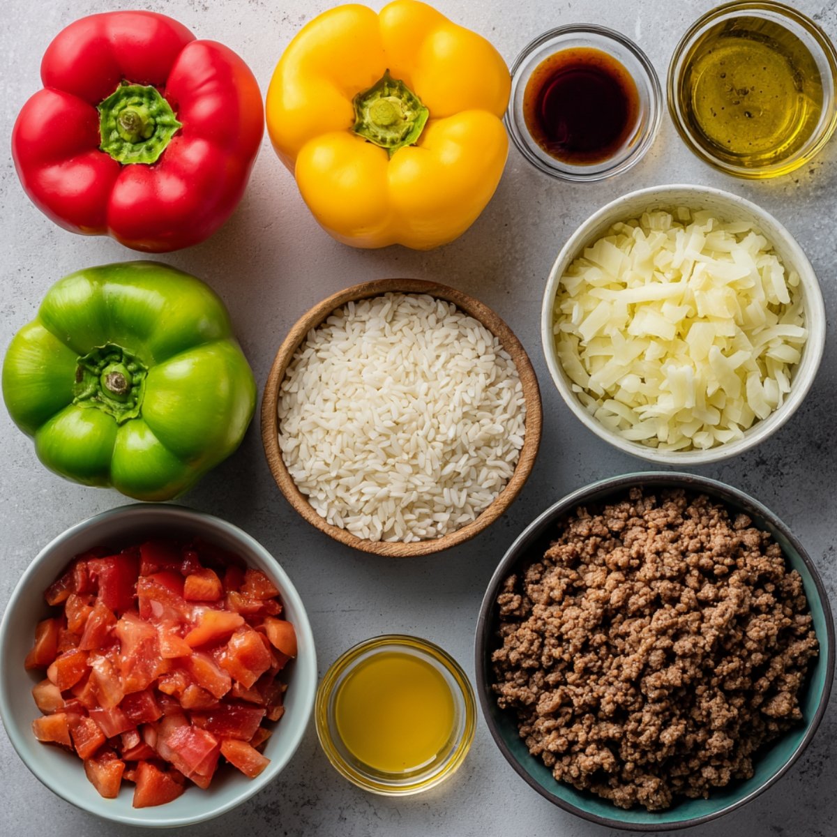 “Ingredients for stuffed bell peppers including bell peppers, rice, ground beef, onions, tomatoes, and seasonings.”