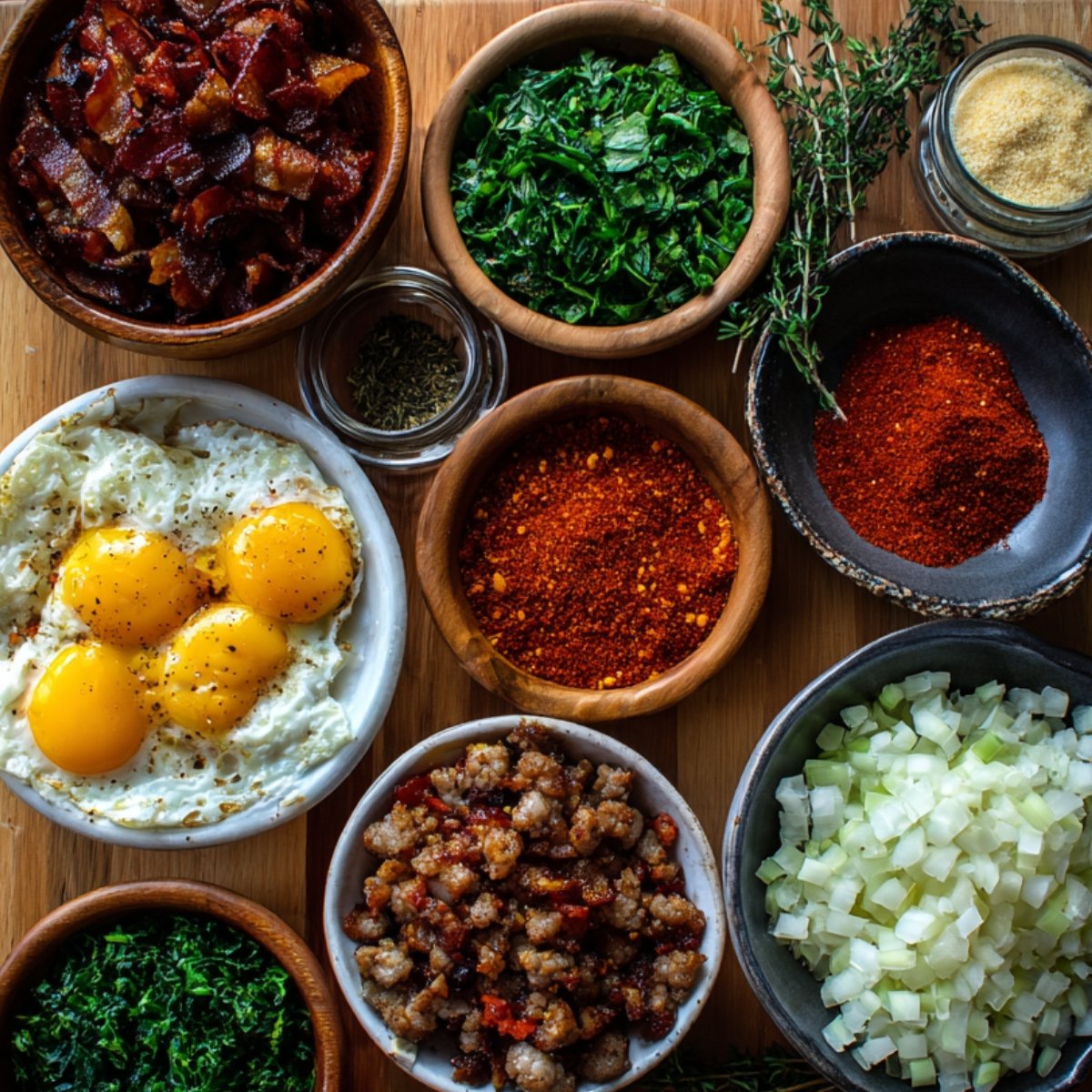 Breakfast hash ingredients: cooked sausage, bacon, eggs, kale, chopped onions, spices, and herbs displayed in bowls.