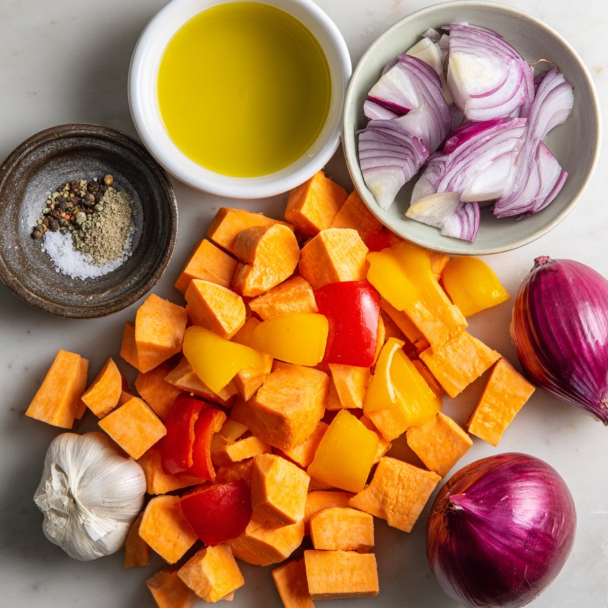 Chopped sweet potatoes, red and yellow bell peppers, garlic cloves, red onions, olive oil, and seasonings ready for cooking.